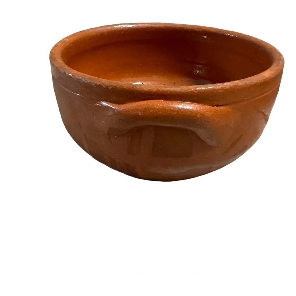 Terracotta Clay Bowl with Handles for Cook Mexican Partially Glazed Signed